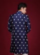 Navy Blue Thread Work Indowestern For Mens